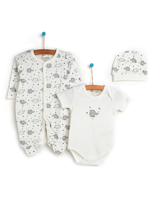 HelloBaby HelloBaby Yenidoğan Bebek Sevimli Fil Kendinden Eldivenli Tulum-Body- Şapka 3lü Set Unisex