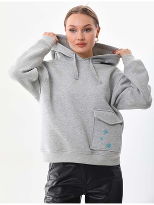 Kallima Kar Tanesi Baskılı Cepli Kapüşonlu Kışlık Kalın Sweatshirt Oversize/geniş Kesim