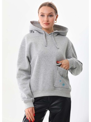 Kallima Kar Tanesi Baskılı Cepli Kapüşonlu Kışlık Kalın Sweatshirt Oversize/geniş Kesim