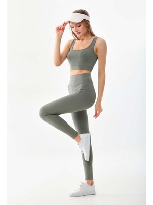 Kallima Haki Yüksek Bel Toparlayıcı Fitilli Spor Tayt ve Crop Takım