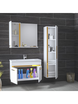 Alfa Banyo Yeni Gold Beyaz (65+35) 100 cm Boy Dolaplı Seramik Lavabolu Banyo Dolabı Takımı**demonte Değil