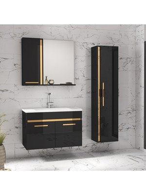 Alfa Banyo Yeni Gold Siyah (65+35) 100 cm Mdf-Boy Dolaplı Lavabolu Banyo Dolabı Takımı**demonte Değil**