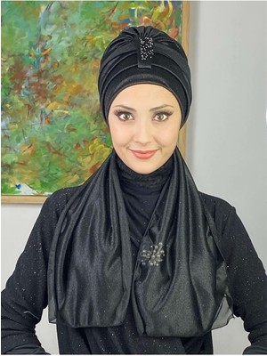 Hürrem Siyah Tek Biritli Simli Atkılı Bone
