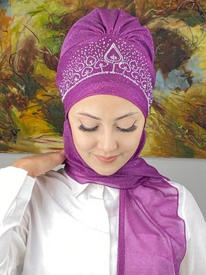 Butik Ambar Vintage Model Taşlı Abiye Atkılı Bone Şal