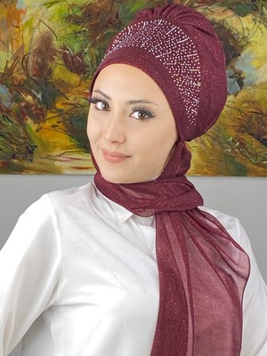 Butik Ambar Güneş Model Taşlı Abiye Atkılı Bone Şal