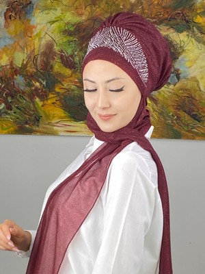 Butik Ambar Kristal Taç Model Taşlı Abiye Atkılı Bone Şal