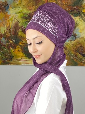 Butik Ambar Vintage Model Taşlı Abiye Atkılı Bone Şal