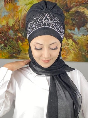 Butik Ambar Vintage Model Taşlı Abiye Atkılı Bone Şal