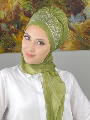 Butik Ambar Vintage Model Taşlı Abiye Atkılı Bone Şal