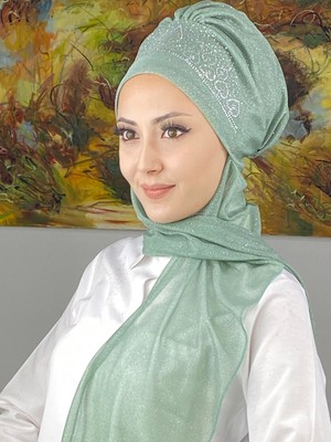 Butik Ambar Vintage Model Taşlı Abiye Atkılı Bone Şal
