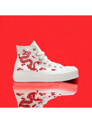 Amazoon Desing Red Dragon Baskılı Beyaz Keten Çocuk Spor Ayakkabı Sneaker