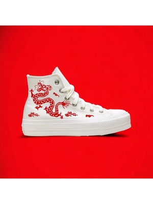 Amazoon Desing Red Dragon Baskılı Beyaz Keten Çocuk Spor Ayakkabı Sneaker