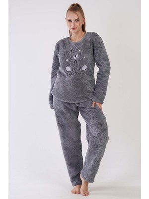 Ilısana Kadın Gri Polar Uzun Kol Pijama Takım