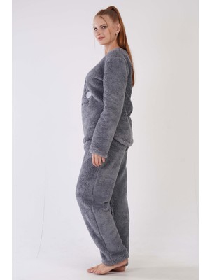 Ilısana Kadın Gri Polar Uzun Kol Pijama Takım