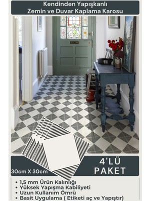 Technojet Kendinden Yapışkanlı Modern Tasarım Mutfak Banyo Zemin Duvar Kaplama 30CM×30CM(4'LÜ Paket)