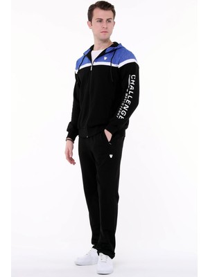 Marco Ferry Siyah Erkek Kapüşonlu Boydan Fermuarlı Düz Paça Iki Iplik Eşofman Takım EDY19104S