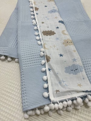 Buse Baby Home Muslin Kumaş ,pikeli ve Ponponlu ,  Pamuklu Çok Amaçlı Bebek Battaniyesi