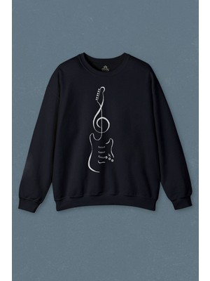 So Cool Lacivert Sweatshirt Sol Anahtarı Elektro Gitar Müzik Nota Metallica Baskılı Unisex Sweat