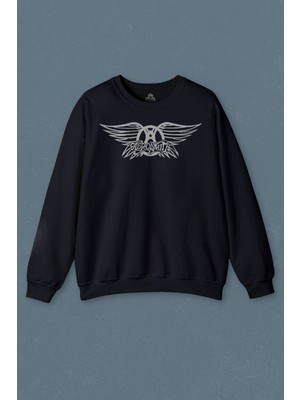 So Cool Lacivert Sweatshirt Aerosmith Steven Tyler Black On Black Wings Baskılı Unisex Sweat