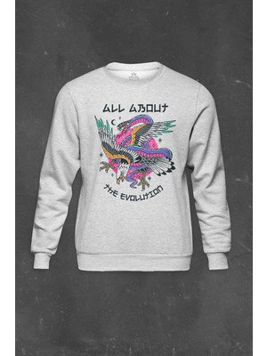So Cool Unisex Sweatshirt Eagle And Snake All About The Evolution Baskılı Gri Sweat