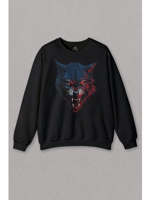 So Cool Unisex Sweatshirt Bordo Mavi Kurt Wolf Red Blue Siyah Baskılı Sweat