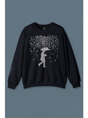 So Cool Lacivert Sweatshirt Playing Music In The Rain Nota Yağmuru Şemsiye Baskılı Unisex Sweat