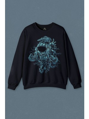 So Cool Lacivert Sweatshirt Astronot Uzay Cosmos Ay Dünya Gezegen Galaksi Baskılı Unisex Sweat