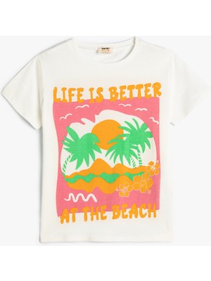 Koton Tişört Kısa Kollu Bisiklet Yaka Yaz Temalı Baskı Detaylı Pamuklu