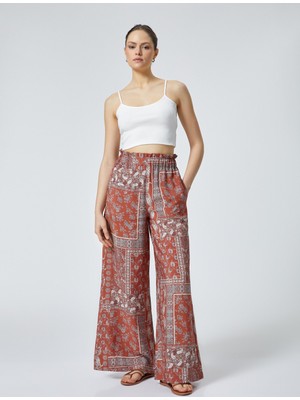 Koton Bol Paça Pantolon Yüksek Bel Lastikli Etnik Desenli Viskon