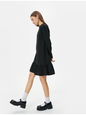 Koton Mini Elbise Uzun Kollu Yuvarlak Yaka Etek Ucu Fırfırlı