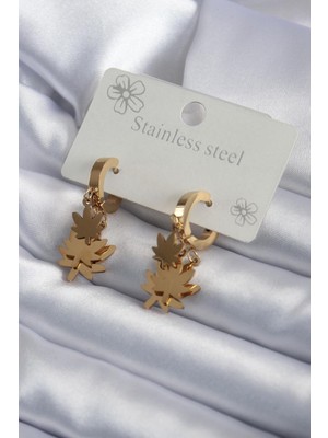 Stainless Steel Çelik Gold Renk Sallantı Yaprak Model Kadın Küpe