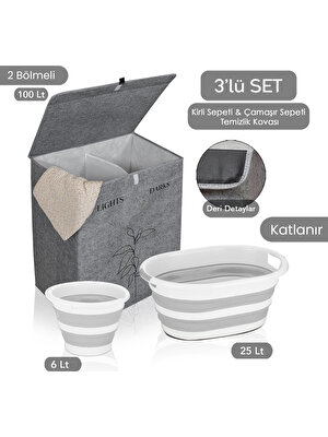 Meleni Home 2 Gözlü Çamaşır Sepeti Çok Amaçlı Hurç Gri 53X33X60CM-25LT Katlanır Çamaşır Selesi 6lt Kova 3'lü Set