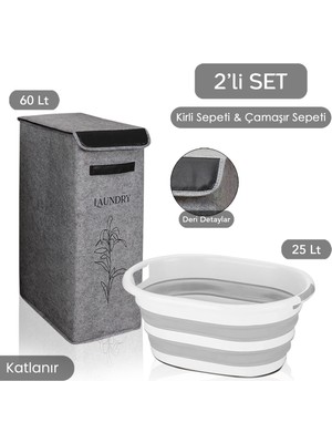 Meleni Home Kapaklı Keçe Kirli Çamaşır Sepeti Katlanır Saklama Selesi 2li Set Gri 25X40X60CM-25LT Çamaşır Selesi