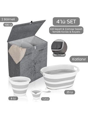 Meleni Home Keçe 2 Gözlü Çamaşır Sepeti Gri 53X33X60CM-25LT Katlanır Çamaşır Selesi-Su Kovası-Maşrapa 4'lü Set