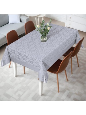 Tropik Home Polycotton Pamuklu Damask Desen Gümüş Gri Renk Luks Masa Örtüsü 160X220CM