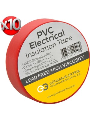 Günsan Elektrik Günsan Kırmızı Elektrik İzolasyon Bandı 10 Adet 0.13 mm Kalınlık 18 mm Genişlik PVC Malzeme