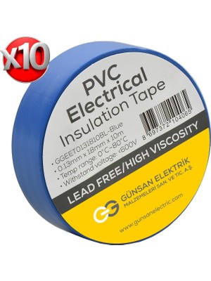Günsan Elektrik Günsan Mavi Elektrik İzolasyon Bandı 10 Adet 0,13 mm Kalınlık 18 mm Genişlik PVC Malzeme
