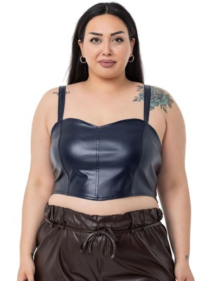 Disentis Modest Büyük Beden Ayarlanabilir Ince Askılı Crop Deri Lacivert Büstiyer