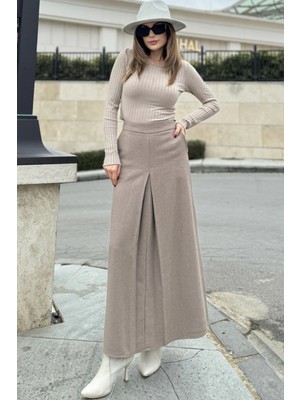 New Laviva Kadın Vizon Önü Plise Detaylı, A Kesim, Arkası Fermuar Kapamalı, Uzun Kaşe Etek