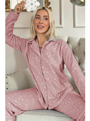 Pijama Evi Pembe Lune Desenli Önden Düğmeli Peluş Polar Pijama Takımı