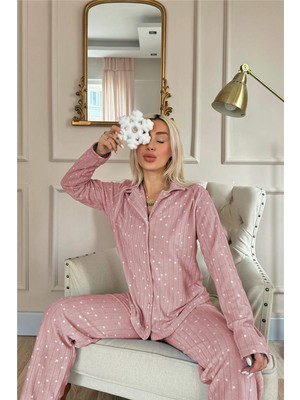 Pijama Evi Pembe Lune Desenli Önden Düğmeli Peluş Polar Pijama Takımı