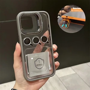 Apple iPhone 15 Pro Max Uyumlu Kılıf + Lens Koruyucu Standlı Kenarı Renkli Silikon Şeffaf