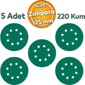 Delikli Yeşil 125 mm Cırt Zımpara 220 Kum Kaporta Boya Duvar Metal Mobilya Cila Parlatma 5 Adet