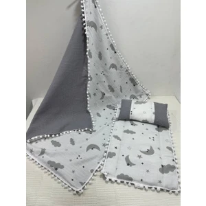 Buse Baby Home Gri , Müslin ve Ponponlu Alt Açma , Yastık ve Battaniye 3'lü Set