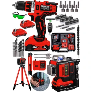 Alman 2"li Set 58 Vf Tripodlu 12 Köşe Otomatik Hizalama Lazer + Akülü Şarjlı Vidalama