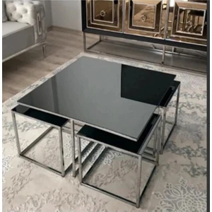 4+1 Gümüş Kaplama Füme Cam Kare Pizza Orta Sehpa