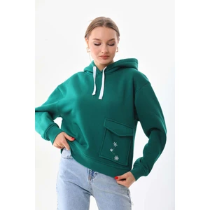 Kar Tanesi Baskılı Cepli Kapüşonlu Kışlık Kalın Sweatshirt Oversize/geniş Kesim