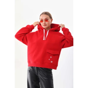 Kar Tanesi Baskılı Cepli Kapüşonlu Kışlık Kalın Sweatshirt Oversize/geniş Kesim