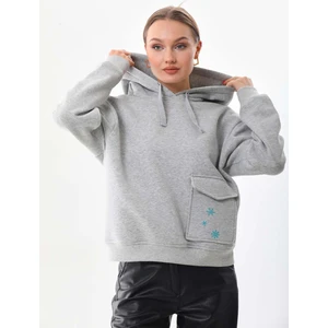 Kar Tanesi Baskılı Cepli Kapüşonlu Kışlık Kalın Sweatshirt Oversize/geniş Kesim