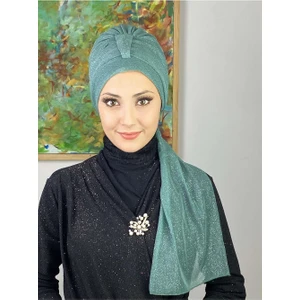 Hürrem Açık Zümrüt Tek Biritli Simli Atkılı Bone